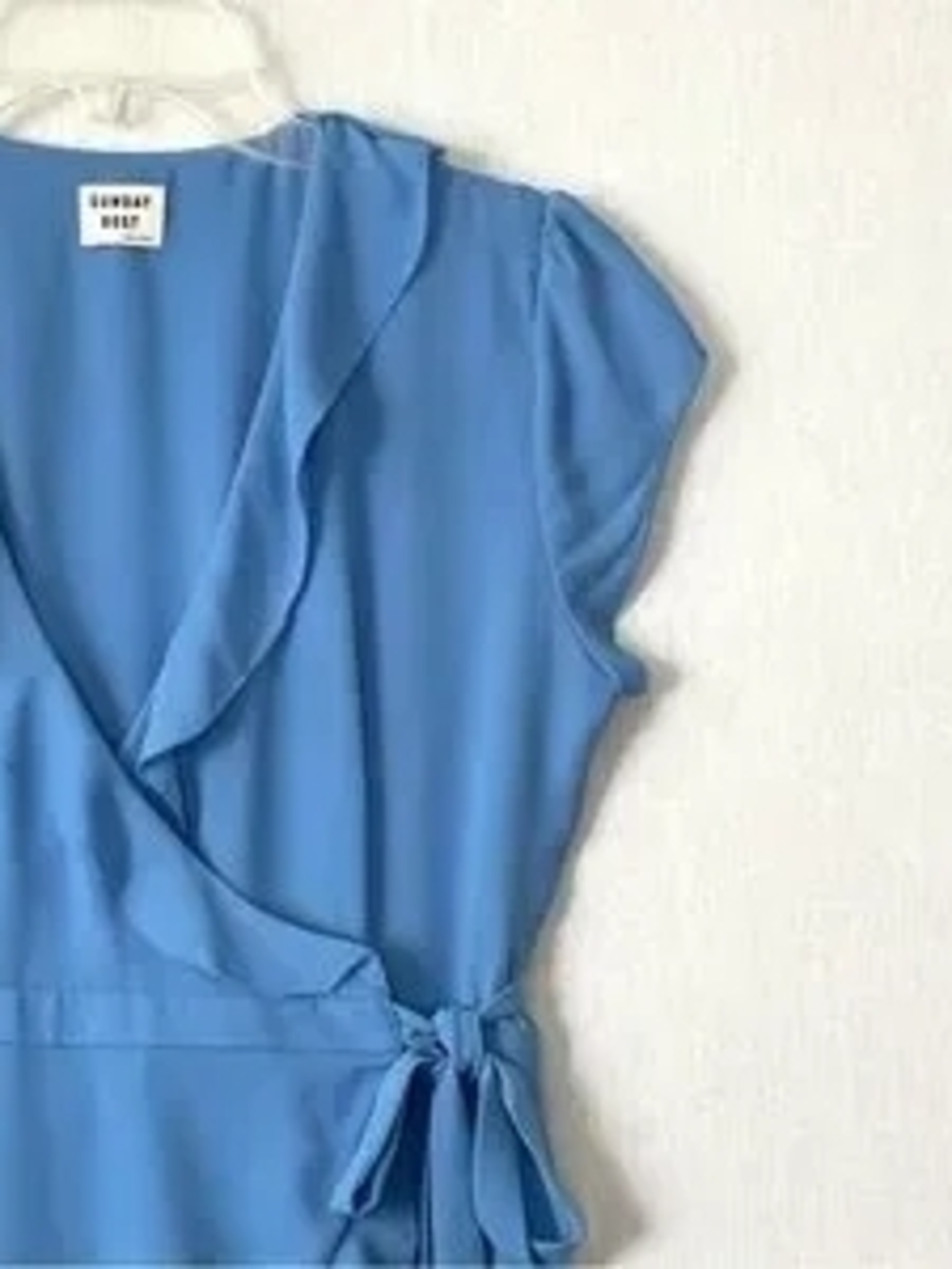 Women’s Light Blue Wrap Dress with Ruffle Tie - Picture 5 of 5